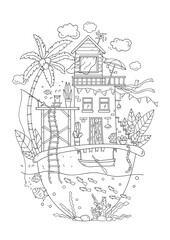 Coloring Page - Tropical Island House Is A Coloring Page For Both Adults And Children