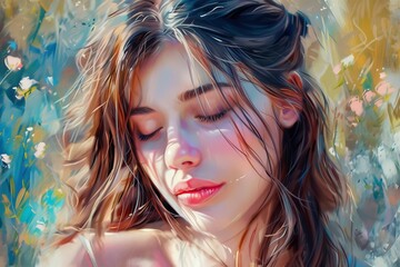 portrait of dreaming sensual romantic girl outdoors wistful expression nature background oil painting