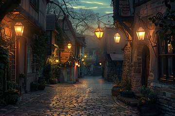 Quaint Cobblestone Street Lit by Lanterns at Twilight  