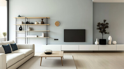 Cozy living room with excellent modern interior design. Real estate, villa, sofa, minimalist room, copy space, mock up