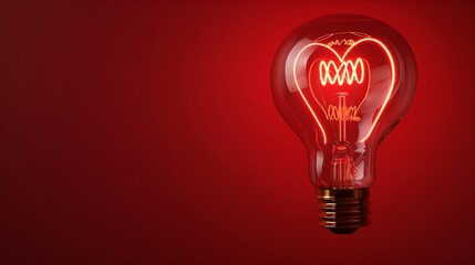 An elegant and super realistic depiction of a light bulb featuring a heart-shaped glowing filament, set against a deep red background for a Valentine's Day theme.