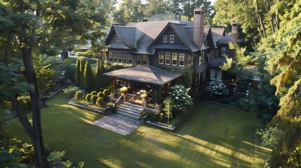 Create an aerial portrait of a craftsman house featuring a sprawling lawn and shaded veranda, capturing the essence of relaxed suburban living