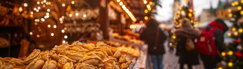 A highangle shot of a festive Polish market stall selling pierogi, with traditional decorations and festive lighting creating a warm atmosphere
