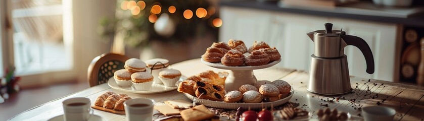 A highangle shot of a festive Swedish fika table, with assorted pastries and a pot of coffee, set in a cozy, welllit kitchen