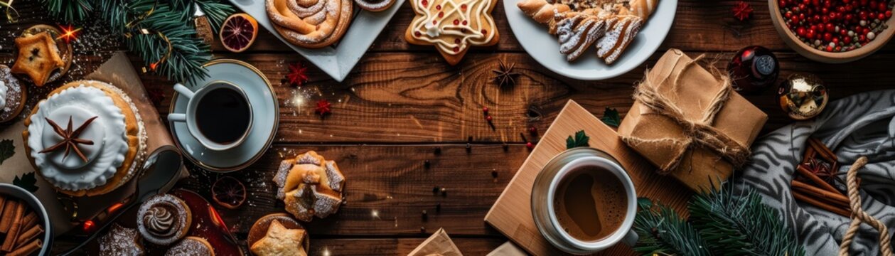 A highangle shot of a festive Swedish fika table, with assorted pastries and a pot of coffee, set in a cozy, welllit kitchen