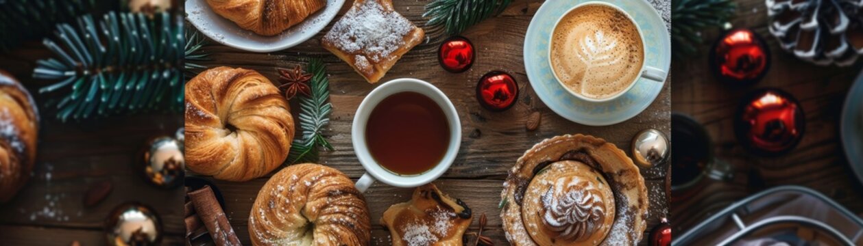 A highangle shot of a festive Swedish fika table, with assorted pastries and a pot of coffee, set in a cozy, welllit kitchen