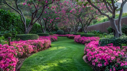   A garden brimming with many pink blossoms adjoins a verdant, expansive green lawn punctuated by numerous pink blooms