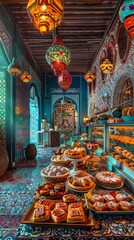 A highangle shot of a Moroccan bakery filled with colorful pastries and sweets, with a backdrop of intricate tiles and lanterns