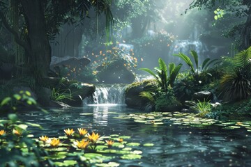 Waterfall in a Tropical Rainforest with Lush Greenery