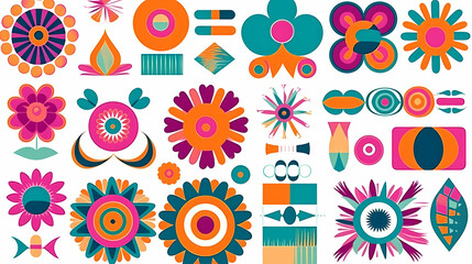 Set of abstract retro geometric shapes vector. Collection of contemporary figure, sparkle, arrow, flower in 70s groovy style