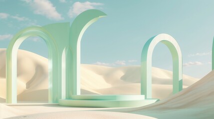 Fototapeta premium rolling dunes in soft shades of mint green, light blue, and creamy beige, under a picturesque sky with scattered clouds.