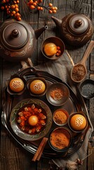 A highangle shot of a traditional Thai tea set with Thai sweets like khanom buang and khanom krok, set on a wooden table with intricate decorations
