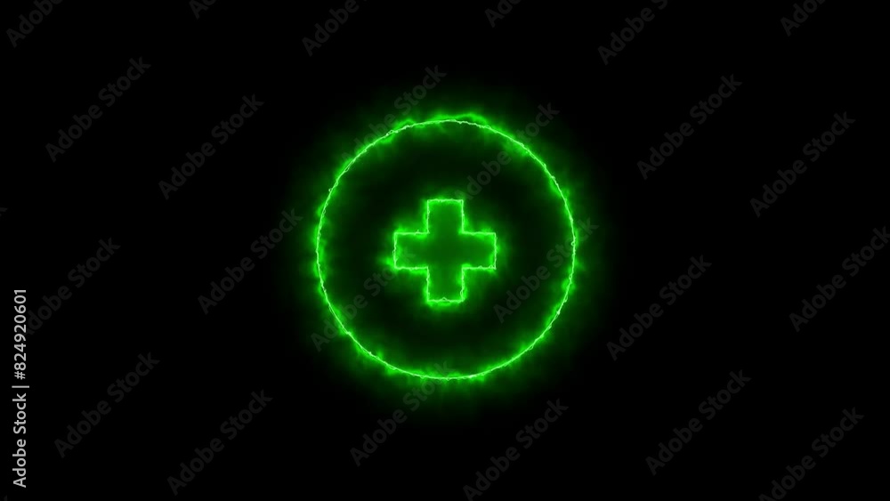 Poster linear neon animation of blue plus in circle with dynamic smoke on black background.
