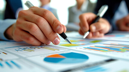 A closeup of hands pointing at financial charts and graphs on paper