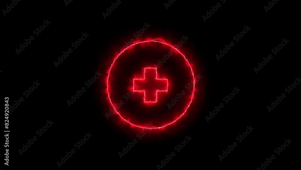 Poster linear neon animation of blue plus in circle with dynamic smoke on black background.