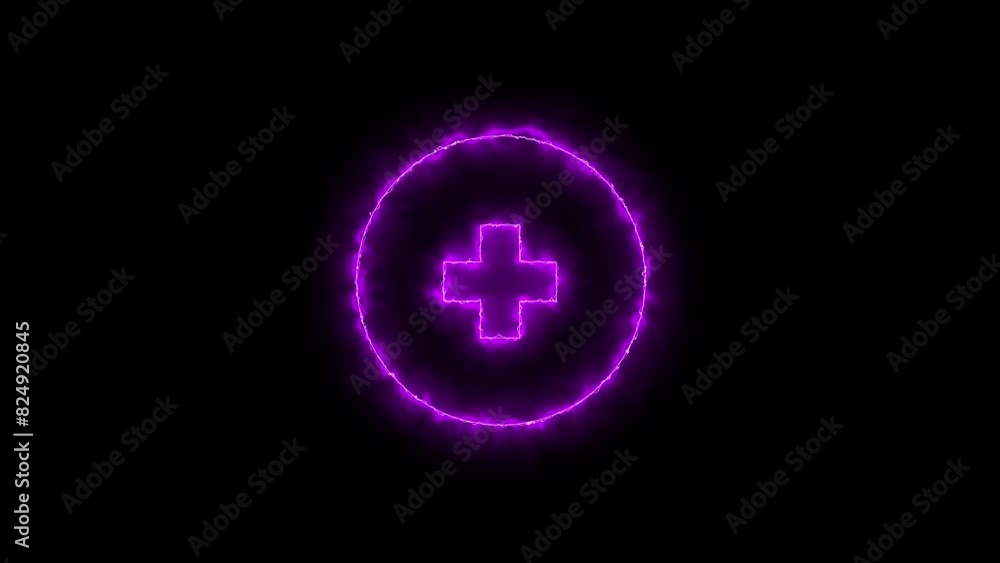 Poster linear neon animation of blue plus in circle with dynamic smoke on black background.
