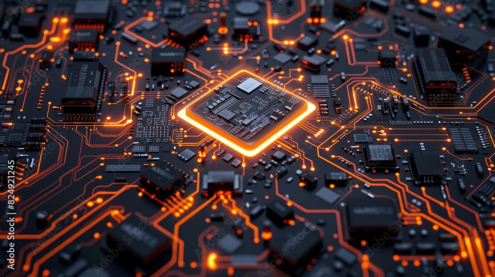 Aufkleber futuristic circuit board with illuminated microchip