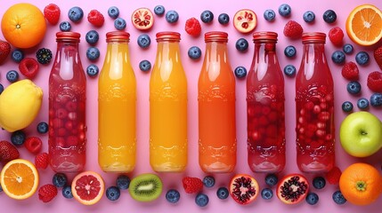   A table topped with bottles filled with various juices and fruits alongside oranges, raspberries, blueberries, and strawberries - Powered by Adobe