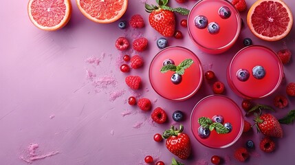   A cluster of glass bowls brimming with fresh fruit rests atop a vibrant purple table, surrounded by juicy oranges and succulent raspberries