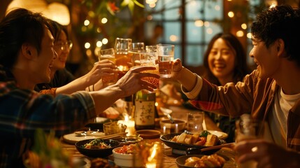 A lively izakaya scene with a group of friends sharing dishes and toasting with sake, captured from an intimate, overtheshoulder angle