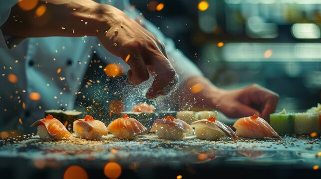 A lively scene of a sushi chef at work, shaping nigiri with precise movements, with a blurred sushi bar background emphasizing the chef s hands