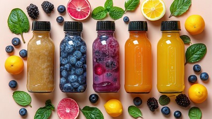   Four bottles containing various fruits and vegetables, adjacent to lemons, blueberries,...