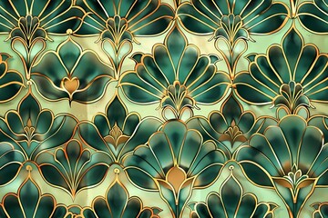 Seamless green and gold abstract vintage pattern 