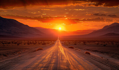 A fiery sunset over a straight road with mountains in the distance. Generate AI