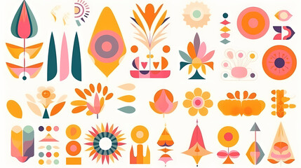 Set of abstract retro geometric shapes vector. Collection of contemporary figure, sparkle, arrow, flower in 70s groovy style