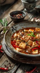 A plate of Chinese hot and sour soup with tofu, bamboo shoots, and mushrooms in a traditional Chinese kitchen