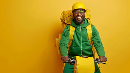 happy food delivery man in green and yellow on his bike