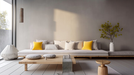 Luxury living room. Simple and beautiful furniture. Real estate, villa, sofa, minimalist room, copy space, mock up