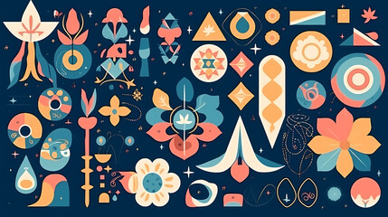 Naklejka premium Set of abstract retro geometric shapes vector. Collection of contemporary figure, sparkle, arrow, flower in 70s groovy style