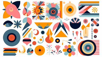 Set of abstract retro geometric shapes vector. Collection of contemporary figure, sparkle, arrow, flower in 70s groovy style