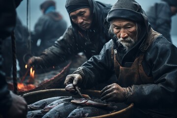 Asian fishermen assess their fish catch