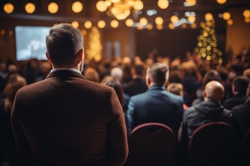 A man in a suit stands in the crowd and watches the performance. Back view