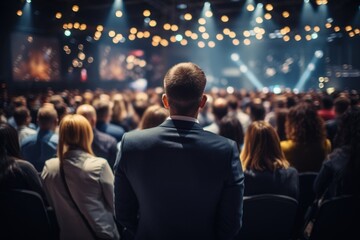 A man in a suit stands in the crowd and watches the performance. Back view