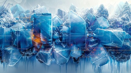 Geometric Style, A visually compelling image with blue ice textures, geometric forms, and gray lines, combined with colorful elements to represent modern technology and connectivity. Various colors,