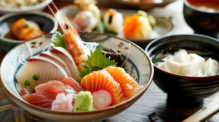 Japanese kaiseki meal featuring sashimi, tempura, and chawanmushi, served on elegant ceramic dishes