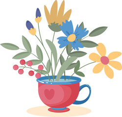 Vector red cup with summer field flowers. Illustration for graphic, content , banner, sticker label and greeting card.
