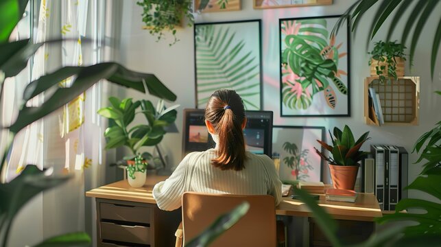 Lifestyle blogger planning content ideas in a beautifully organized home office, surrounded by plants and wall art