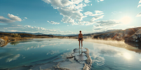 Man Enjoying the Beauty of a Geothermal Pool, Nature's Spectacle