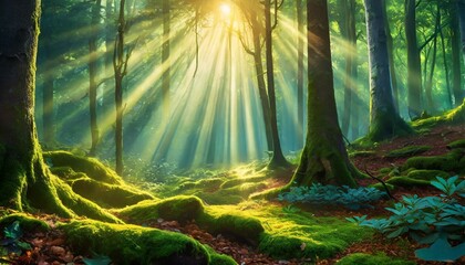 Forest with sun rays and moss on the ground