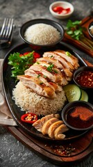 A platter of Hainanese chicken rice with tender chicken, fragrant rice, and dipping sauces in a Singaporean eatery
