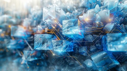 Geometric Style, An abstract technology-themed image with blue ice textures, geometric patterns, and gray lines, combined with colorful touches to illustrate digital connectivity. Various colors,