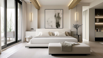 Simple and modern bedroom with beautiful light. Real estate, villa, sofa, minimalist room, copy space, mock up