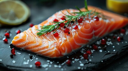   A salmon sprig of rosemary sits on a black plate with a lemon slice