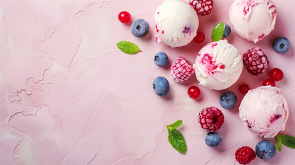 Top view of ice cream balls with berries. raspberry ice cream with berries, blueberries and mint.