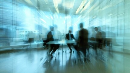 Motion-blurred business professionals in a modern conference room, reviewing strategy documents and tech charts