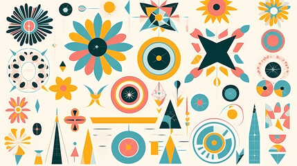 Set of abstract retro geometric shapes vector. Collection of contemporary figure, sparkle, arrow, flower in 70s groovy style